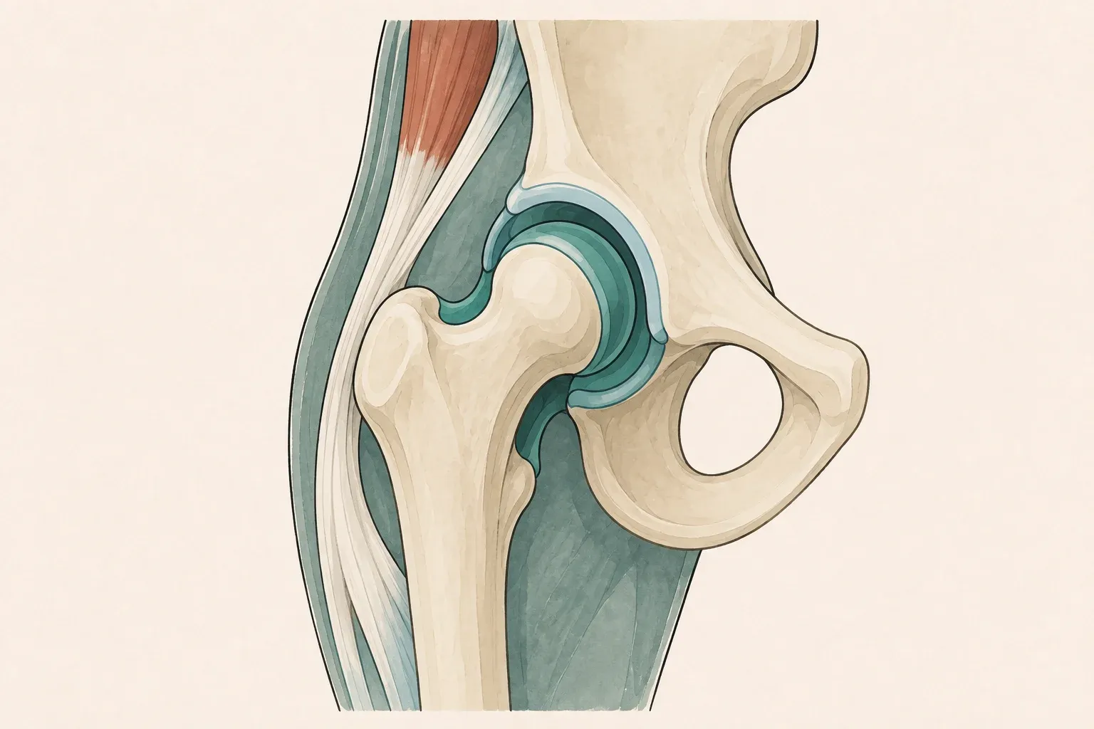 A simplified editorial illustration of the hip joint