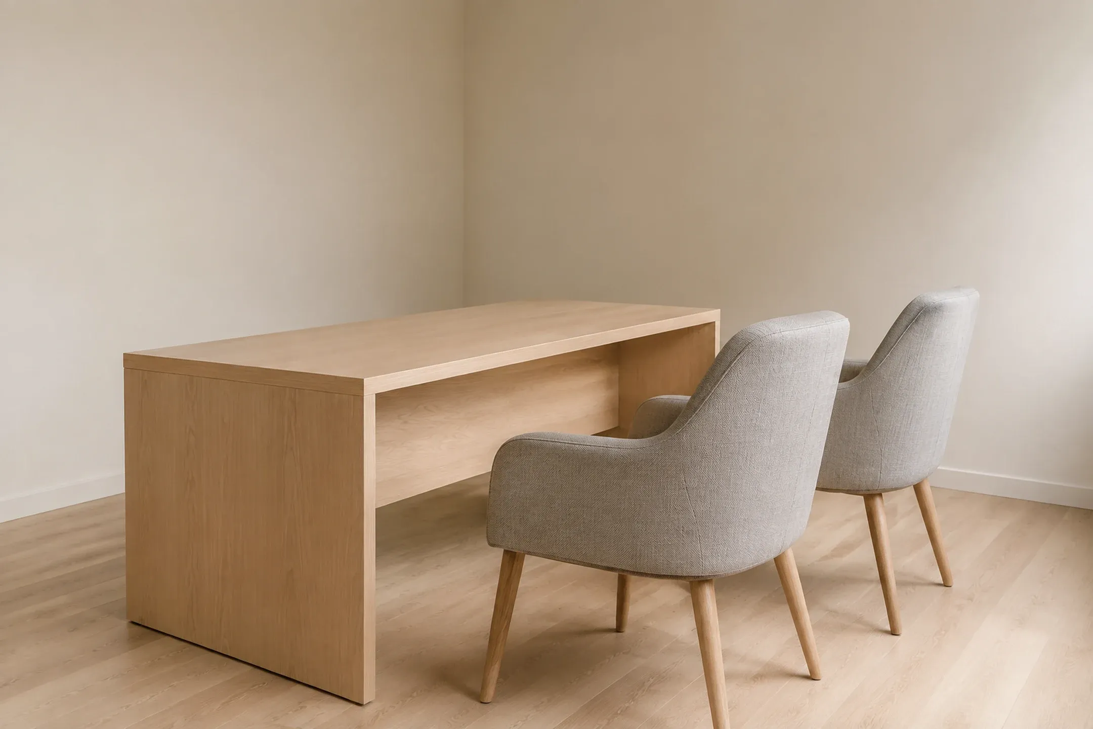 A quiet, empty consultation room with a light wood desk and two upholstered chairs.