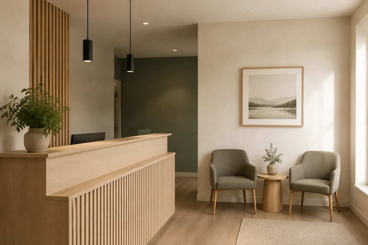 A quiet clinic reception with a pale timber desk and two upholstered chairs