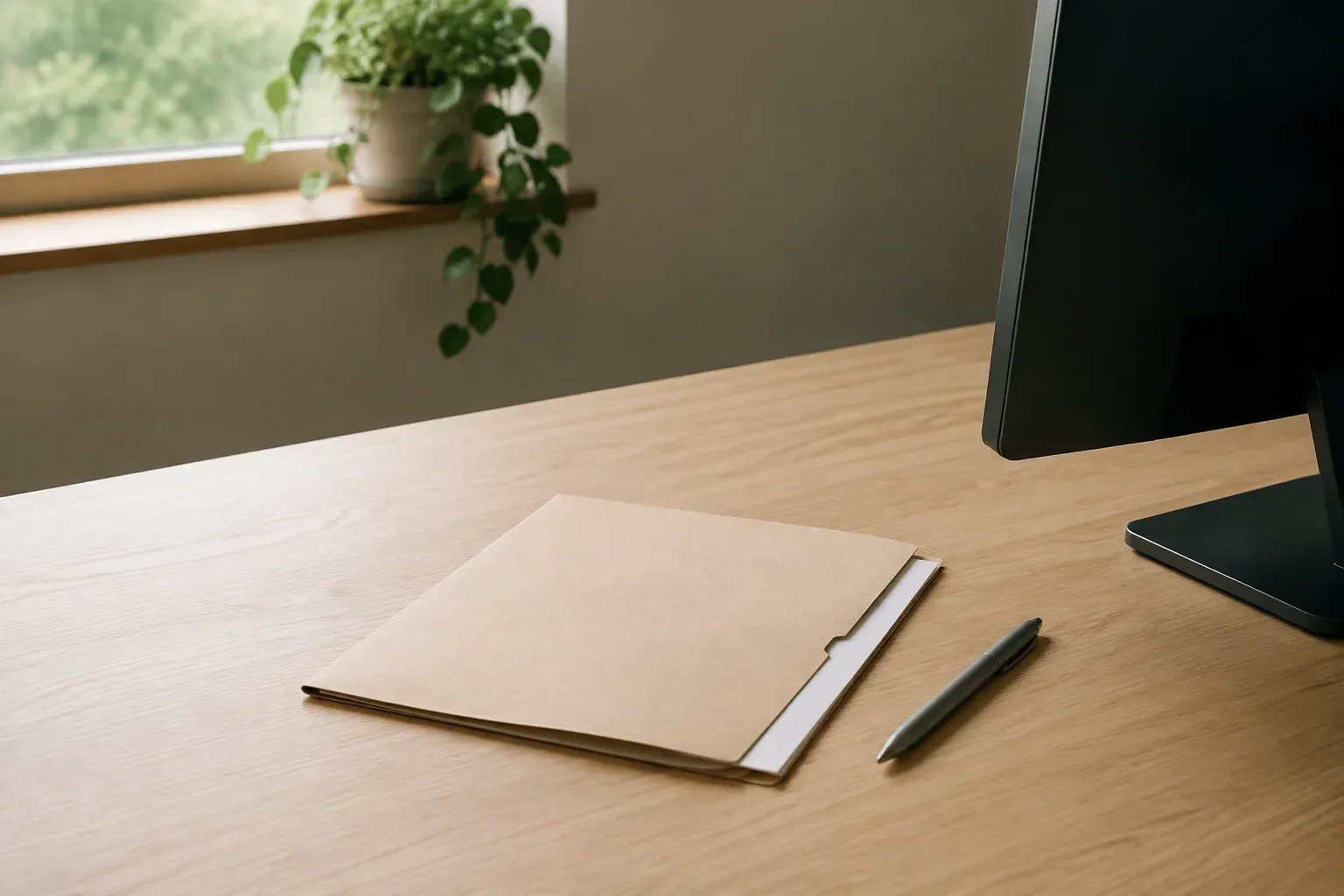A blank folder and pen on a pale timber desk beside a computer monitor